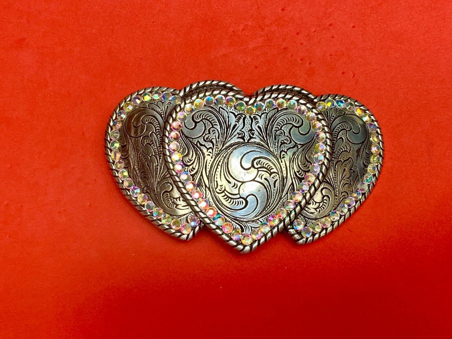 Three Hearts - Ornate Shaped Cowboy Cowgirl Rhinestone Accented Belt Buckle