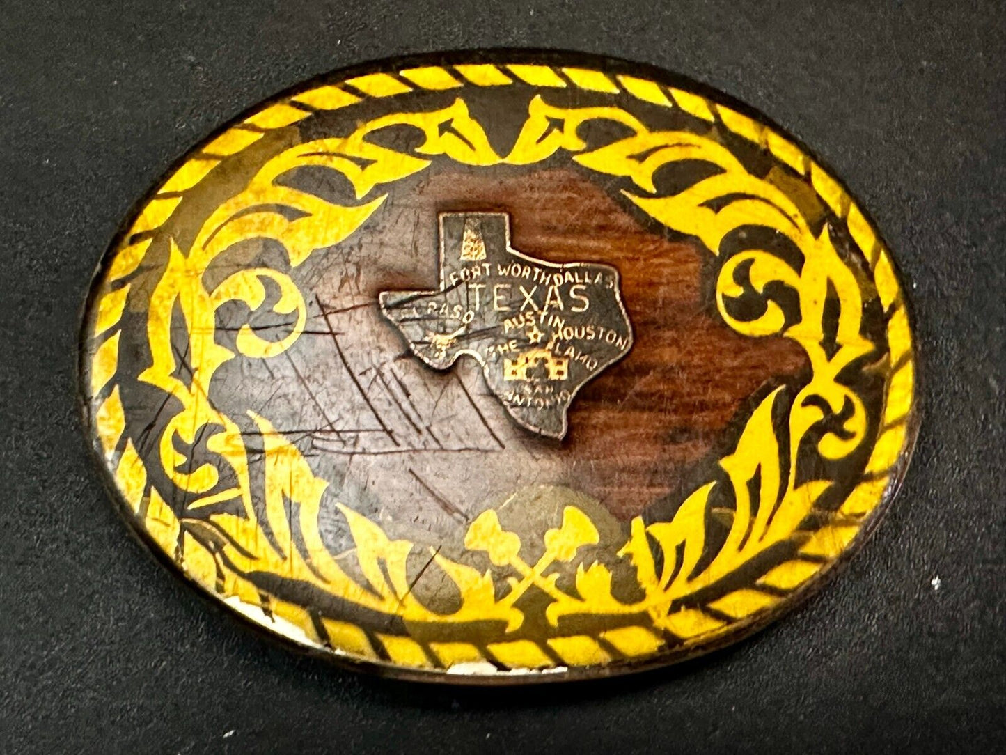 Texas Cutout State Shaped Center On Wooden Vintage Belt Buckle By Harmony Medals