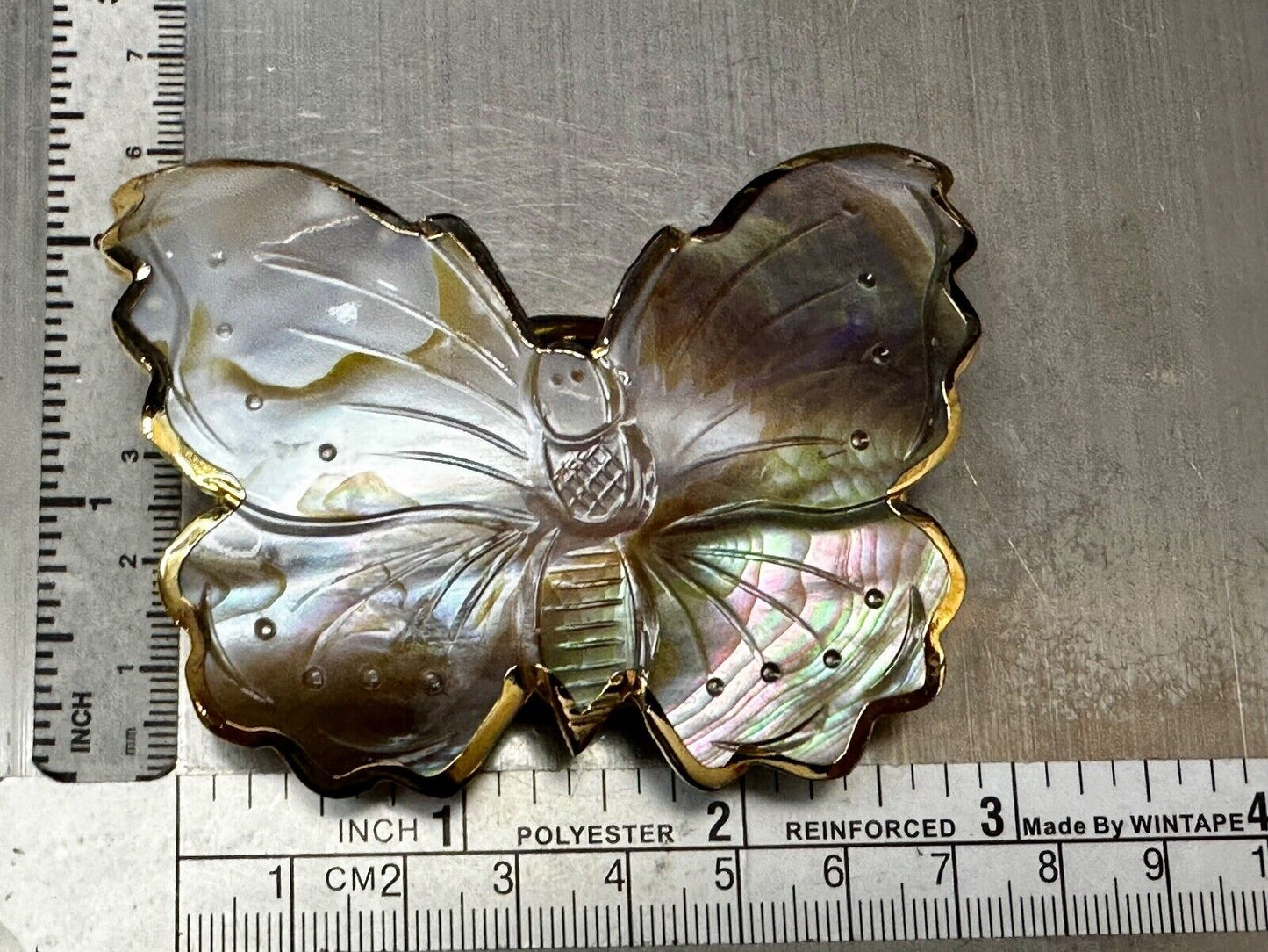 Vintage Butterfly Shaped MOP Mother of Pearl Cutout Gold tone Belt Buckle Slide