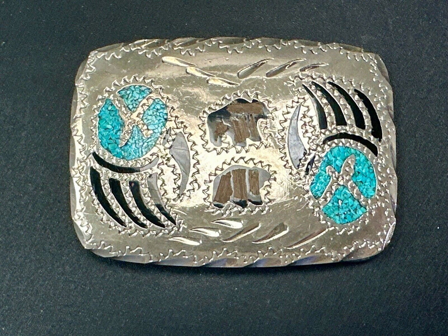 Bear - Paw Figure vintage inlaid turquoise chip & black Enamel belt buckle