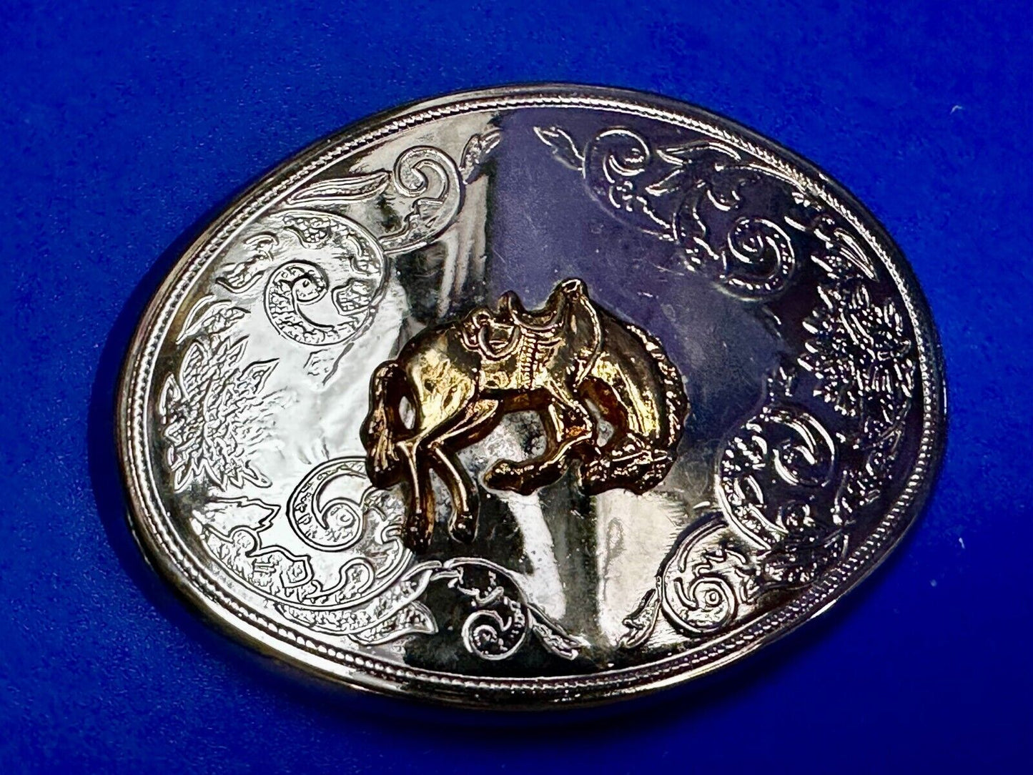 Vintage Cowboy Saddle Bronc Bucking Horse Two Tone Oval Engraved Belt Buckle