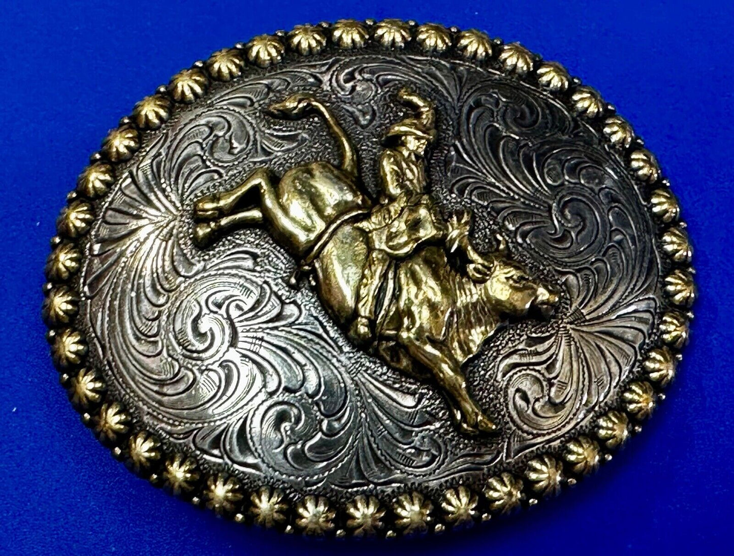 Vintage Cowboy Saddle Bronc western 4" oval belt buckle with star boarder