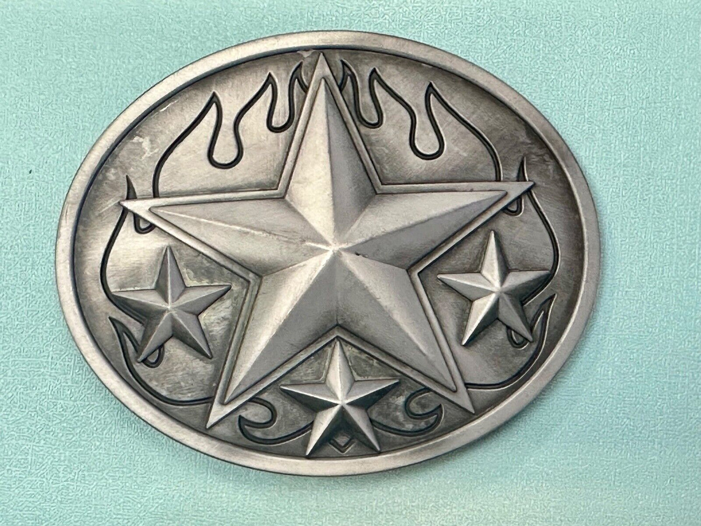 3d Nautical Celtic STAR in flames silver tone oval 4" wide belt buckle