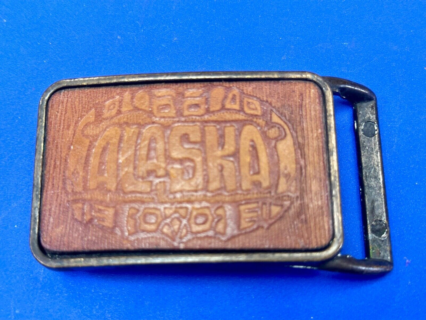 vintage Alaska Rodeo Faux? leather and brass western cowboy belt buckle