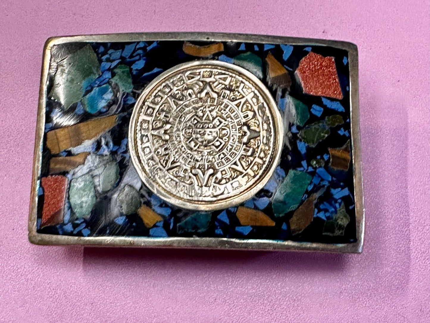 Aztec Mayan Calendar Sun God Face Turquoise Multi Stone Chip Inlay Belt Buckle