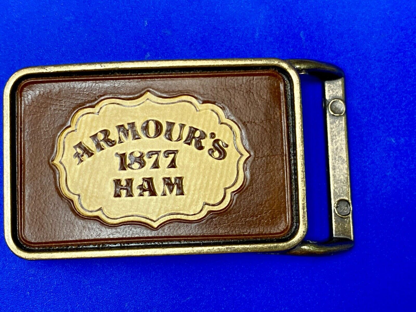 Vintage ARMOUR’S 1877 HAM leather and brass tone advertising belt buckle