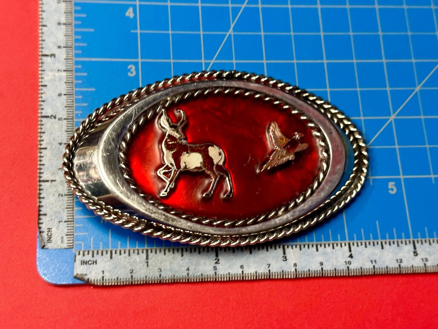 Vintage Artisan Hunters Deer and Quail oval western belt buckle