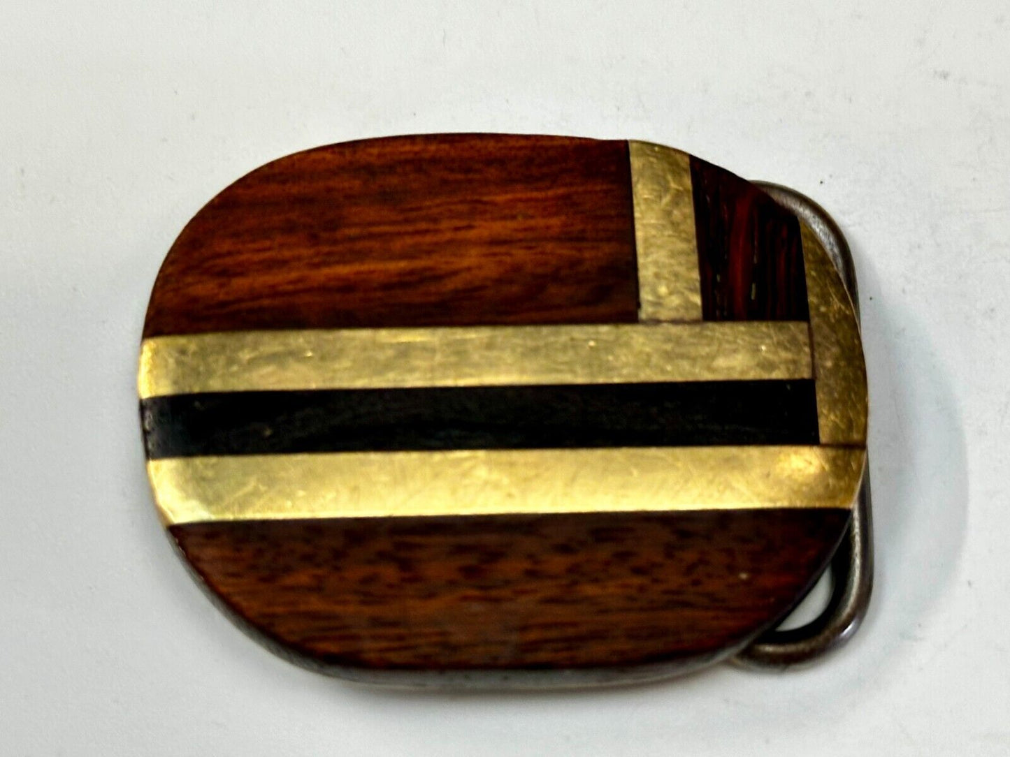 Vintage Artisan Inlay Mixed Wood And Solid Brass Small Belt Buckle