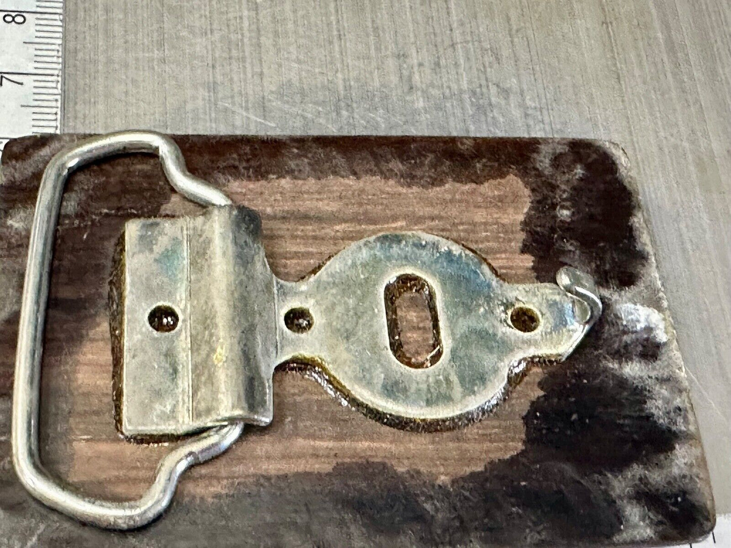 Artisan wood belt buckle with small inlaid sand dollar sea shell