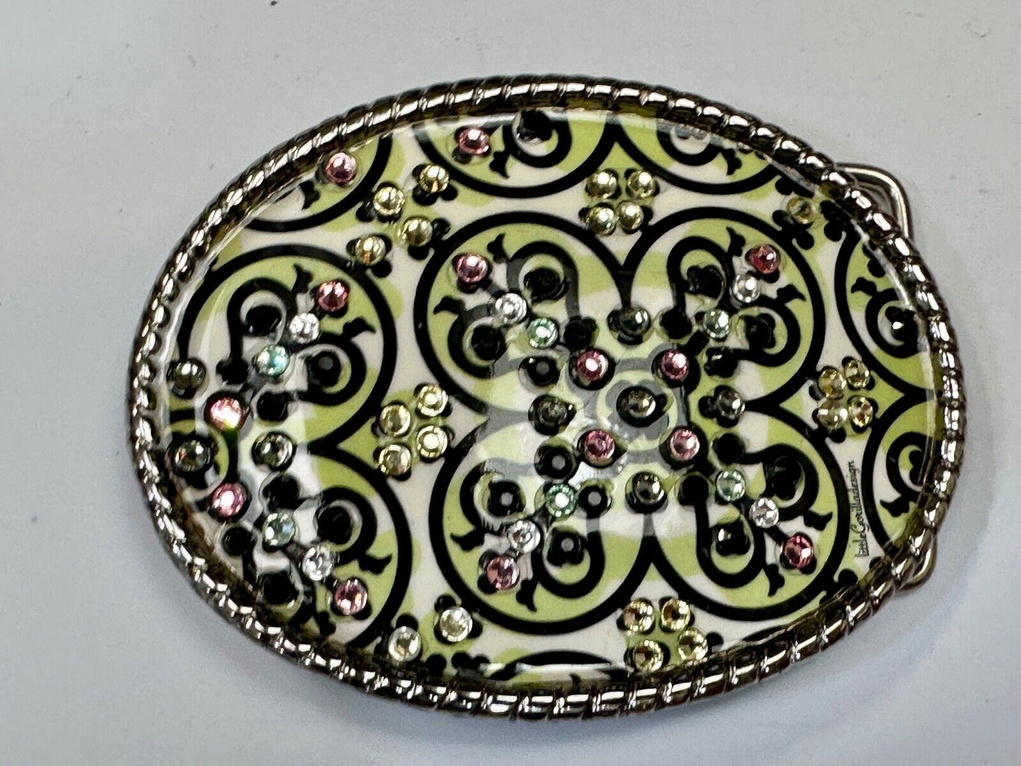 Artisan western oval girlie pink & green rhinestone accented belt buckle