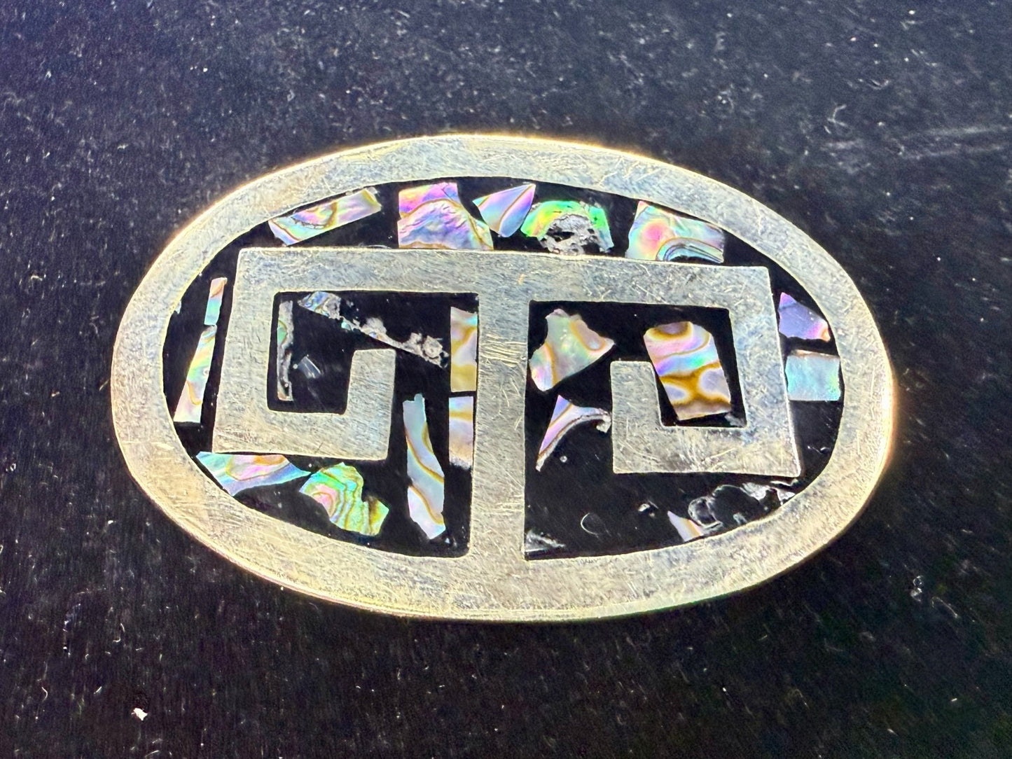 Vintage Alpaca Mexico Silver Tone Abalone Shell Pattern Oval Belt Buckle