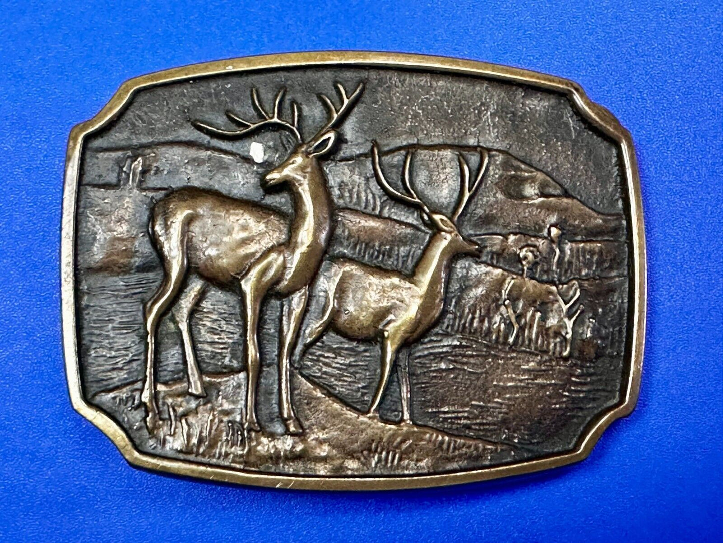 Vintage 1978 BTS Solid Brass Belt Buckle Deer Buck Running Wilderness Made USA