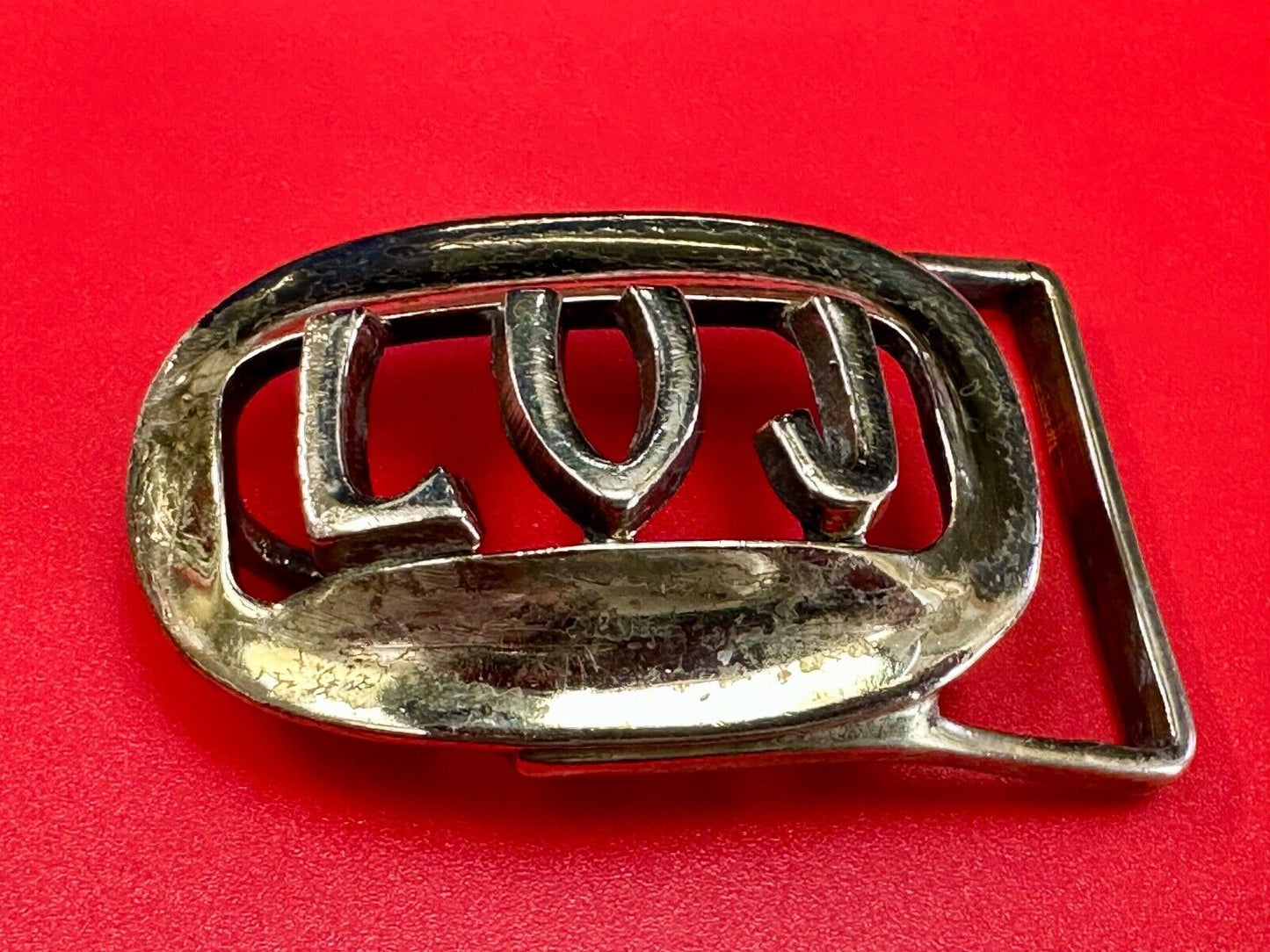 Vintage LVJ LUJ gold tone block letters cutout belt buckle