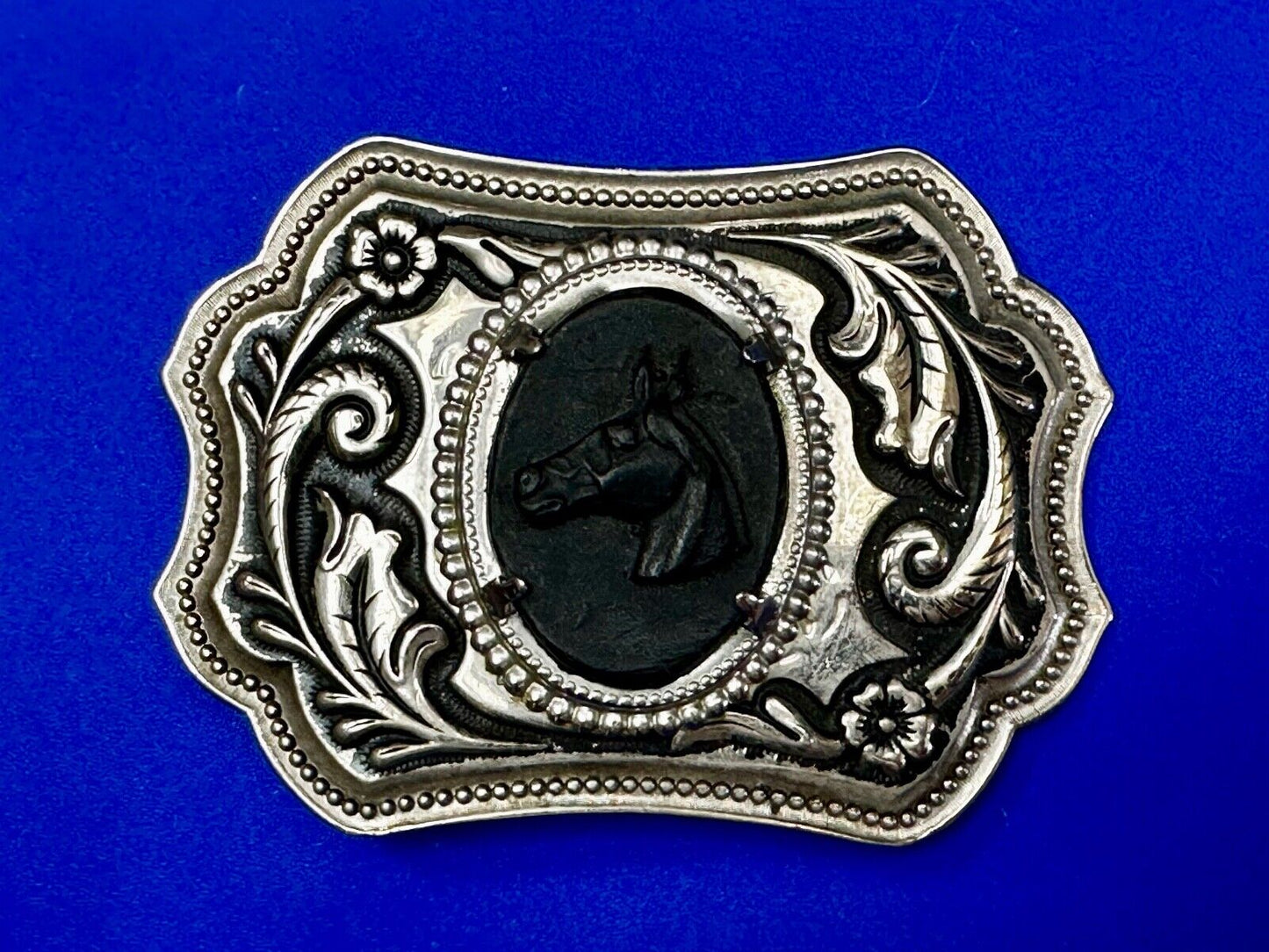Black Horse Head Cabochon Cab Shaped Centerpiece on Western Belt Buckle