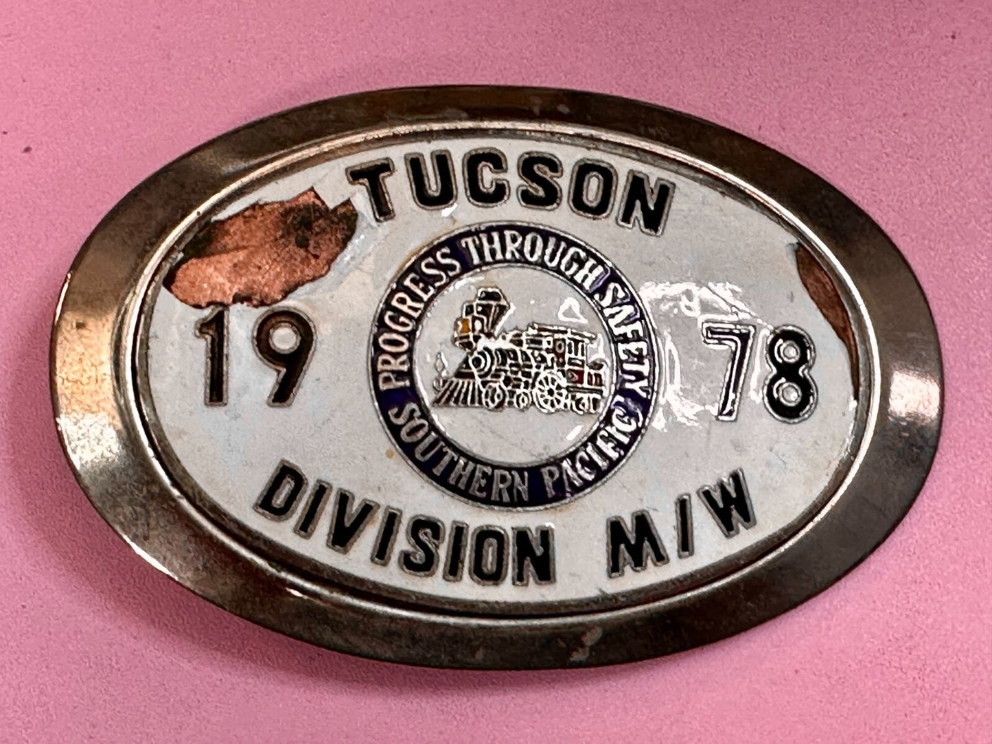 1978 Southern Pacific Tucson Division Railroad Safety Silver Tone Belt Buckle