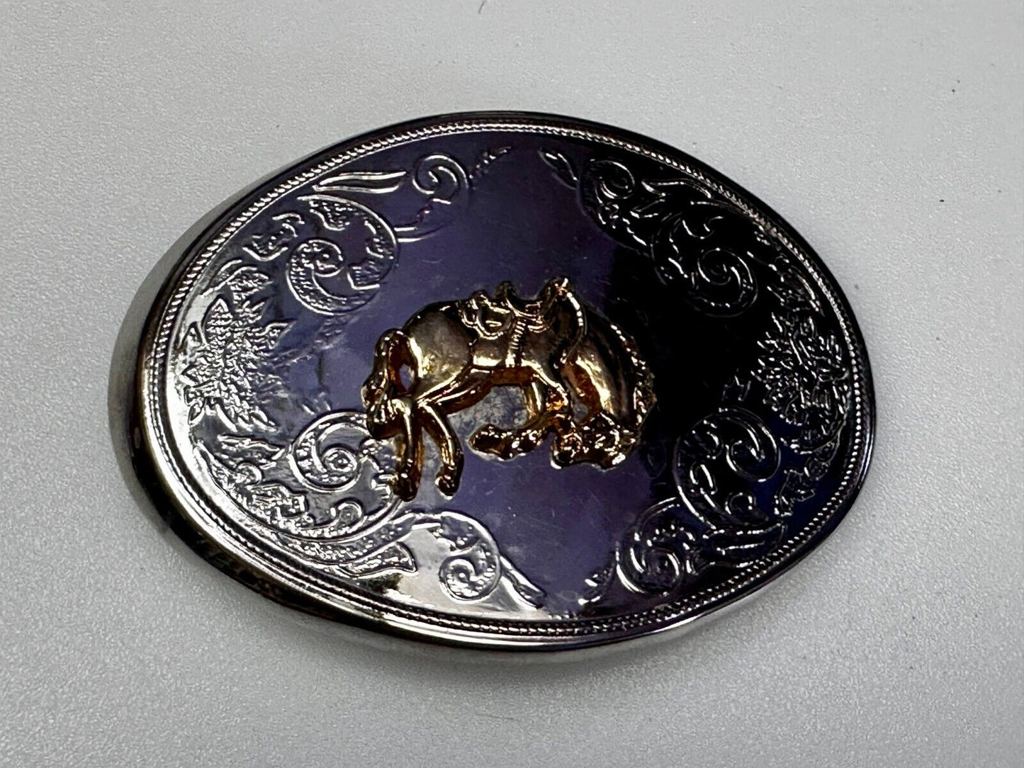 Vintage Cowboy Saddle Bronc Bucking Horse Two Tone Oval Engraved Belt Buckle