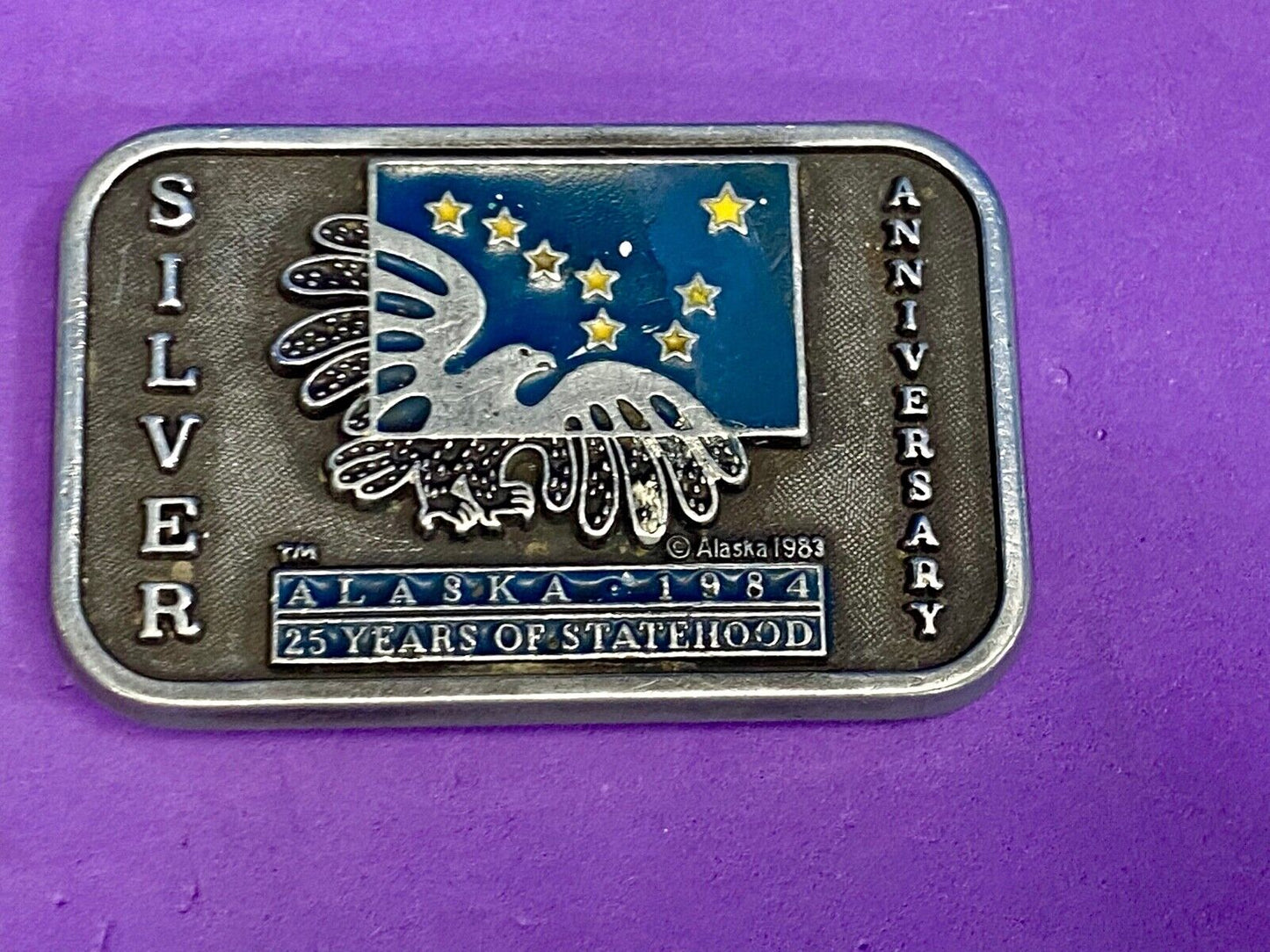 Vintage 1983 Alaska State, Silver Anniversary 25 Years Of Statehood belt buckle