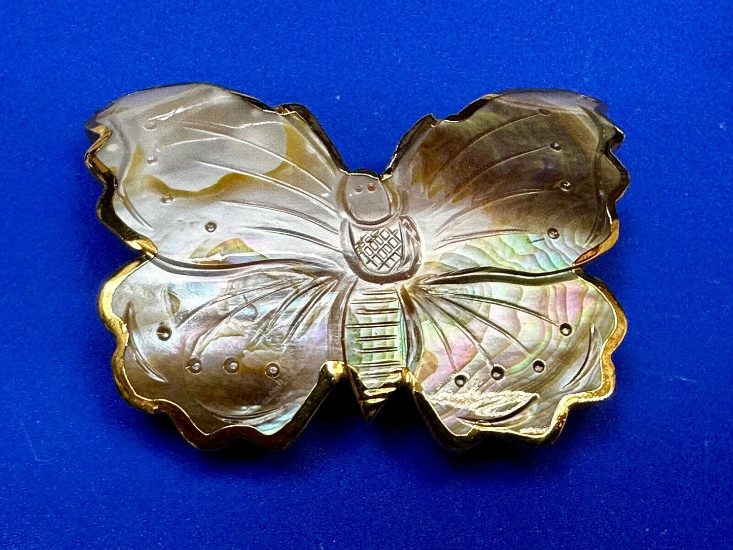 Vintage Butterfly Shaped MOP Mother of Pearl Cutout Gold tone Belt Buckle Slide