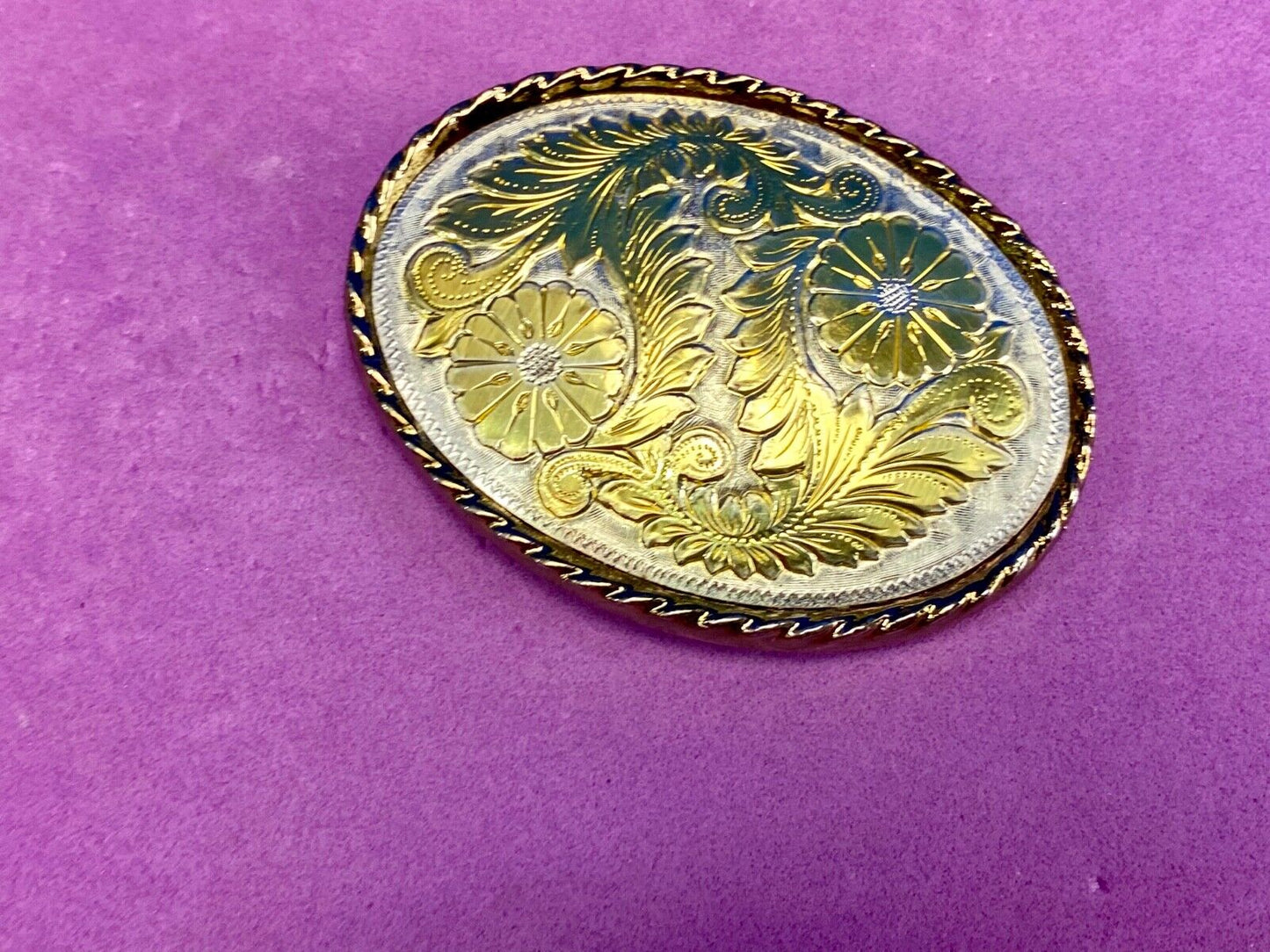 Vintage Etched? mixed metal flower swirl western belt buckle