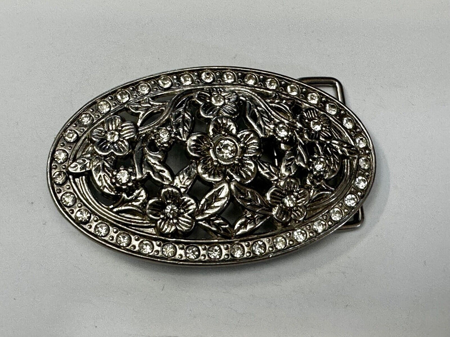 Swirl Flower Ornate Openwork Rhinestone Border Accent Silver Tone Belt Buckle
