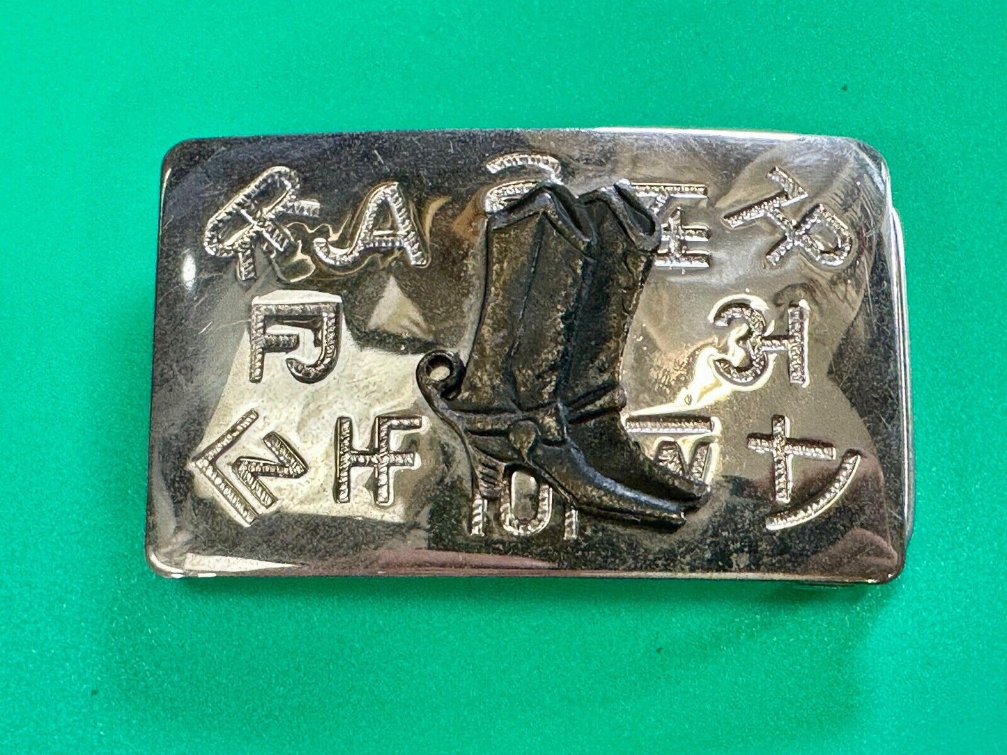 Vintage Chambers Western Cowboy Boots and cattle branding symbols belt buckle