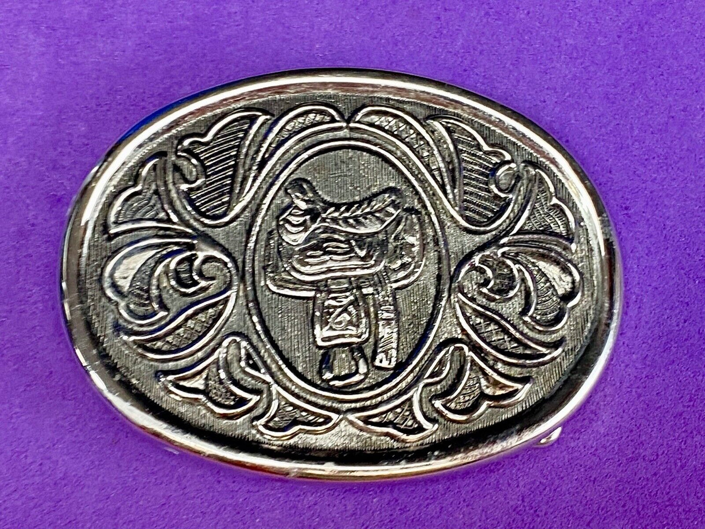 Avon Silver Color Belt Buckle W/Horse Saddle Design Cowboy Western Rodeo