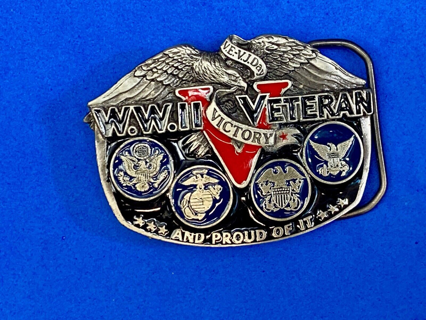 1980 Wold War II WW2 The American Veterans soldier belt buckle and proud of it!