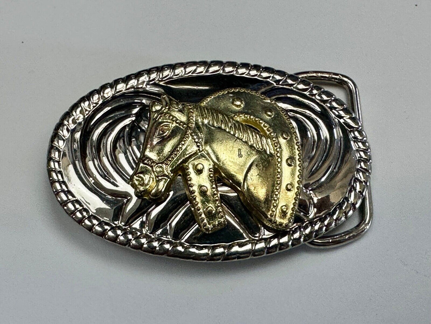 Beautiful NOS Horse head / lucky horseshoe - small two tone oval belt buckle