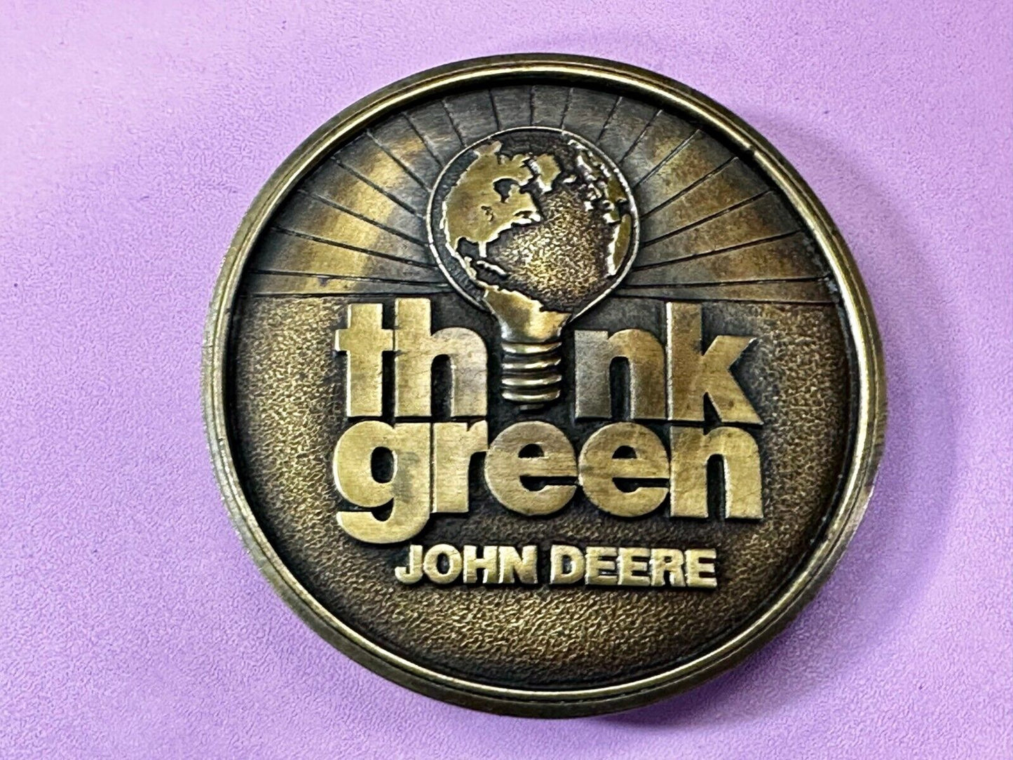 THINK GREEN - John Deere Farm Tractors Vintage Brass Tone Round Belt Buckle