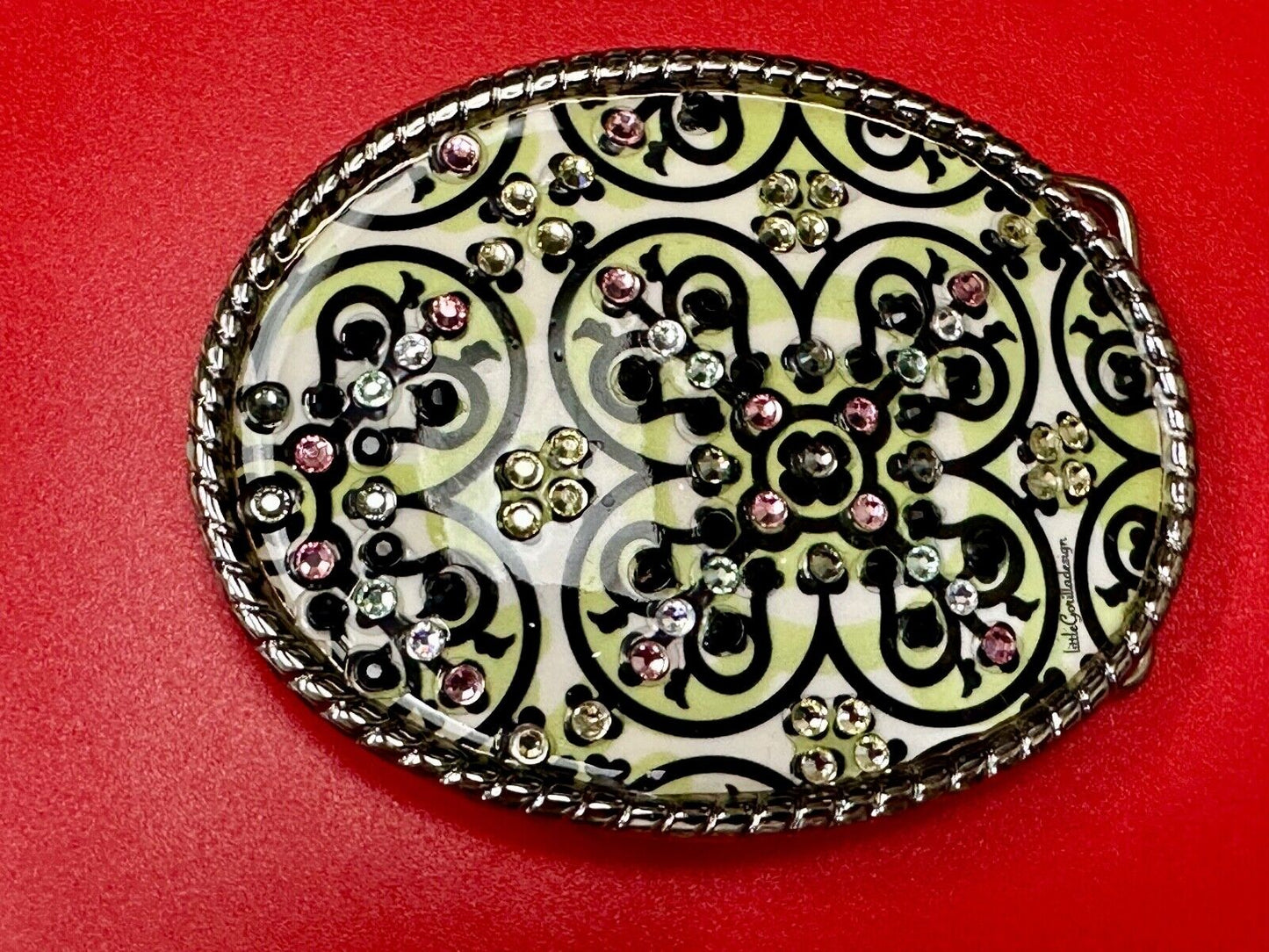Artisan western oval girlie pink & green rhinestone accented belt buckle