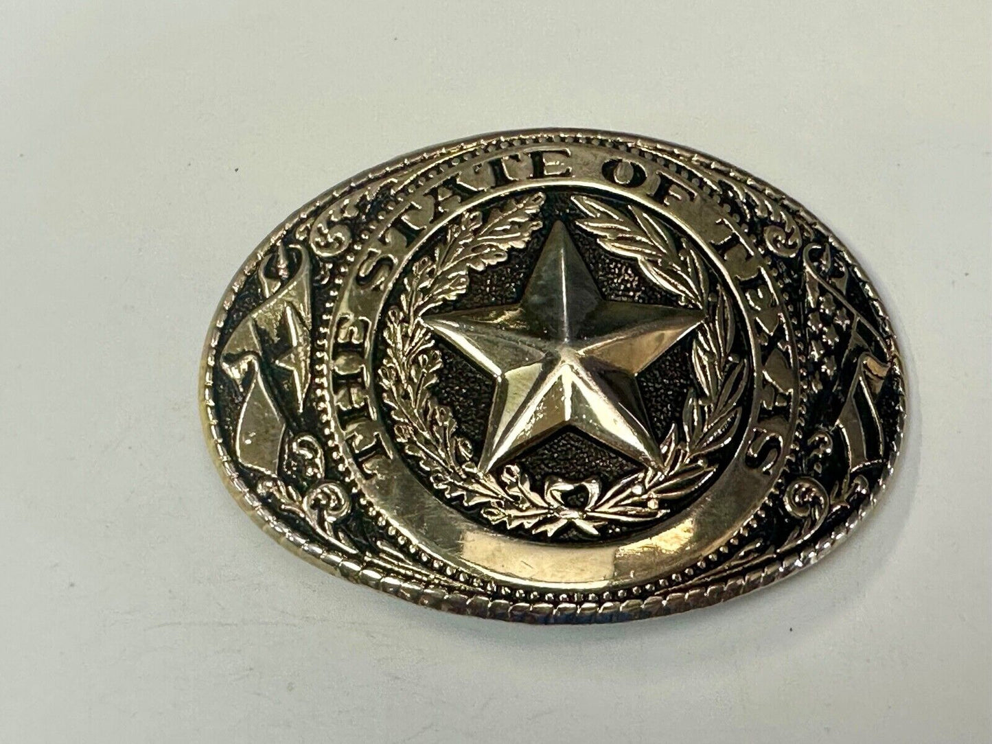 The Great State of Texas Star & Flag gold & black color USA made belt buckle