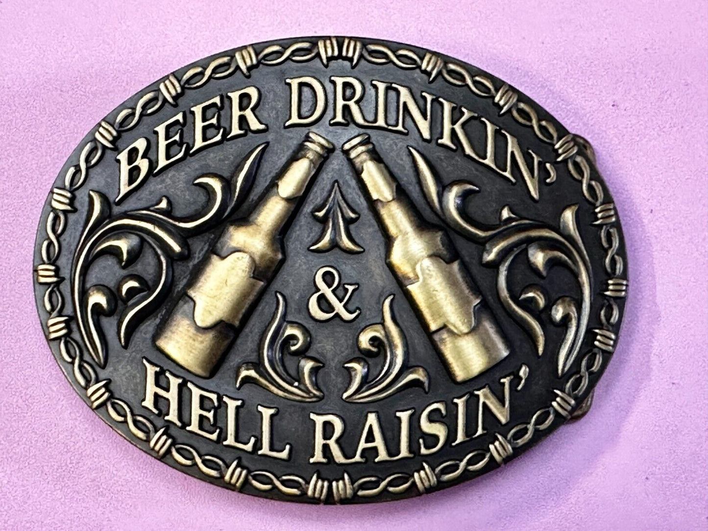 Beer Drinkin Hell Raisin Funny Novelty Barbed Wire Border Western Belt Buckle