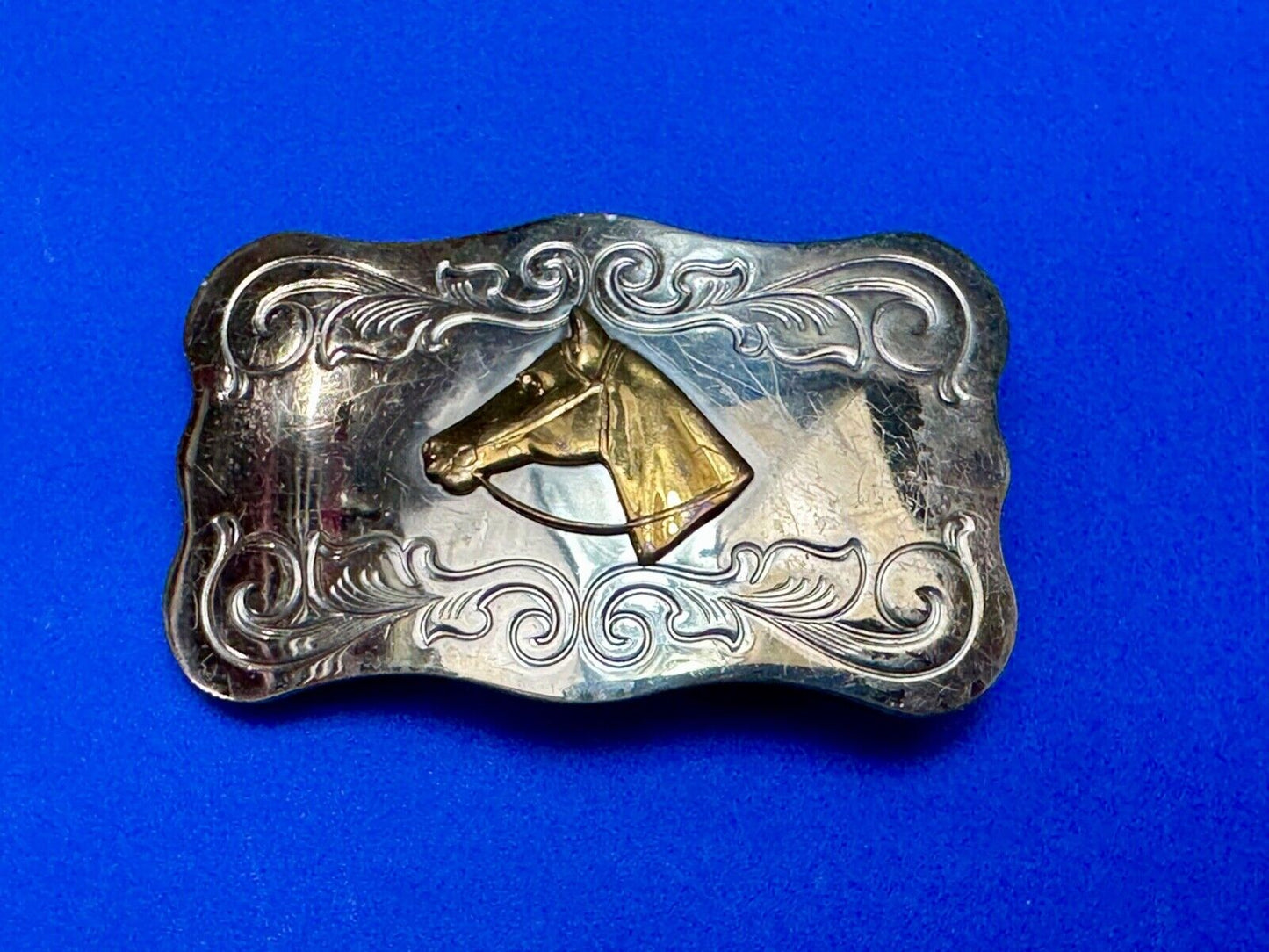 Vintage Chambers nickel silver Horse head centered on western belt buckle