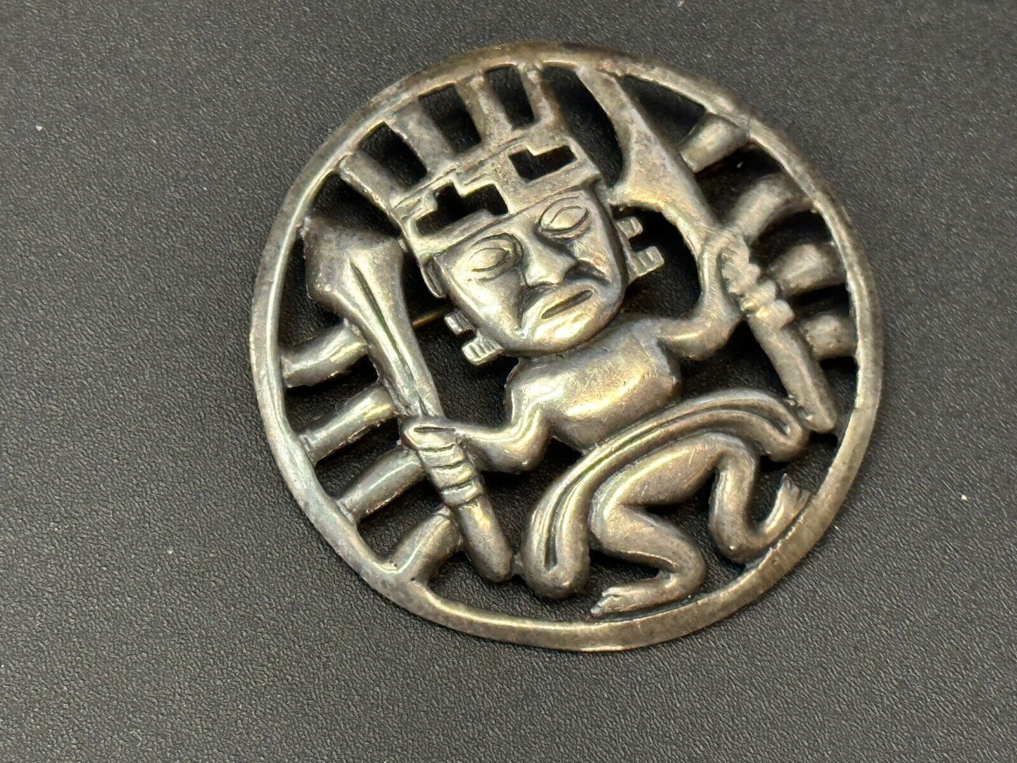 Tribal Chief Man Figure Aztec? unknown to me! Sterling Brooch Pin