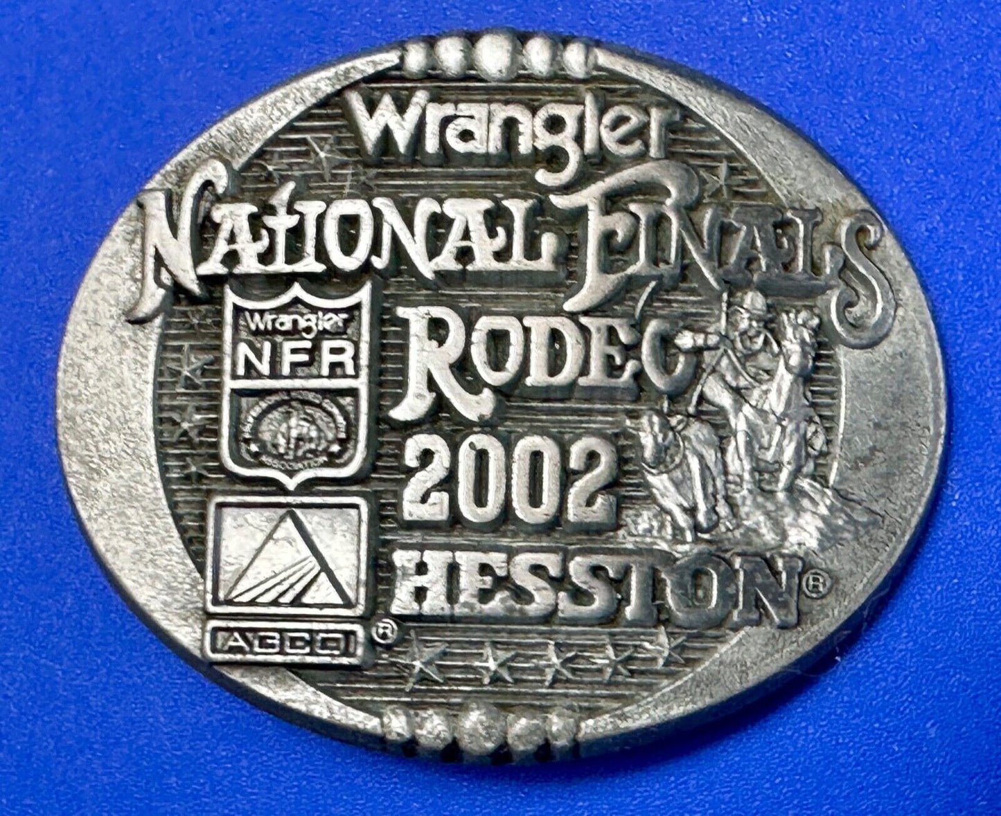 2002 Montana Silversmiths Hesston Belt Buckle Wrangler NFR Dealer Incentive