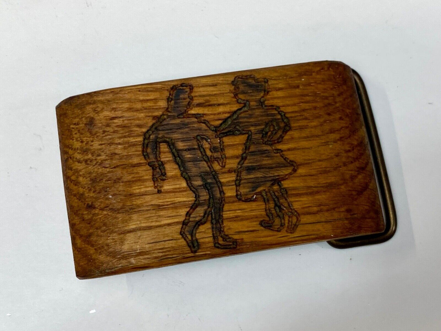 Artisan country line square Dancing Couple burned into wood grain belt buckle