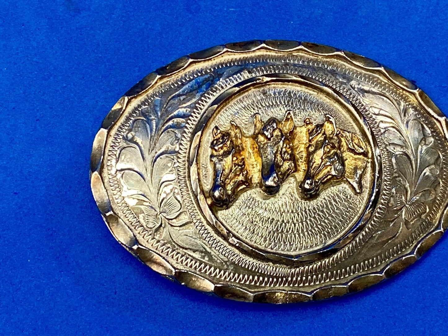 Three Horse Heads - Vintage Silver belt buckle. See makers mark!