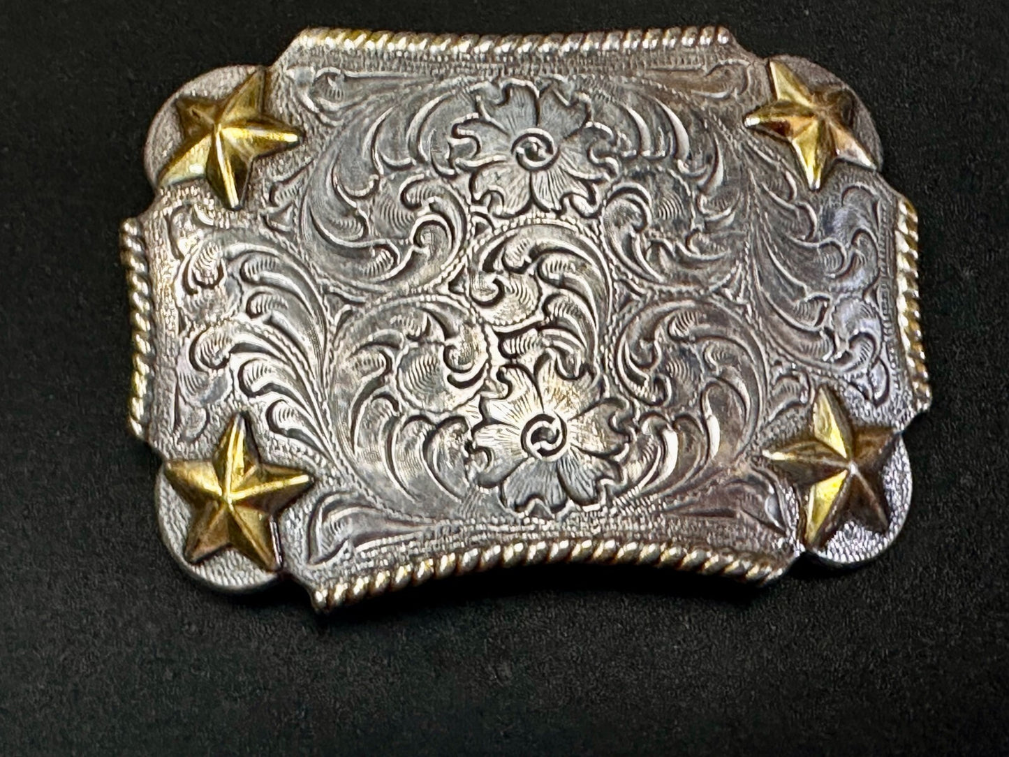 Texas Lone Star Corners Flower Swirl Ornate Western Two Tone Belt Buckle