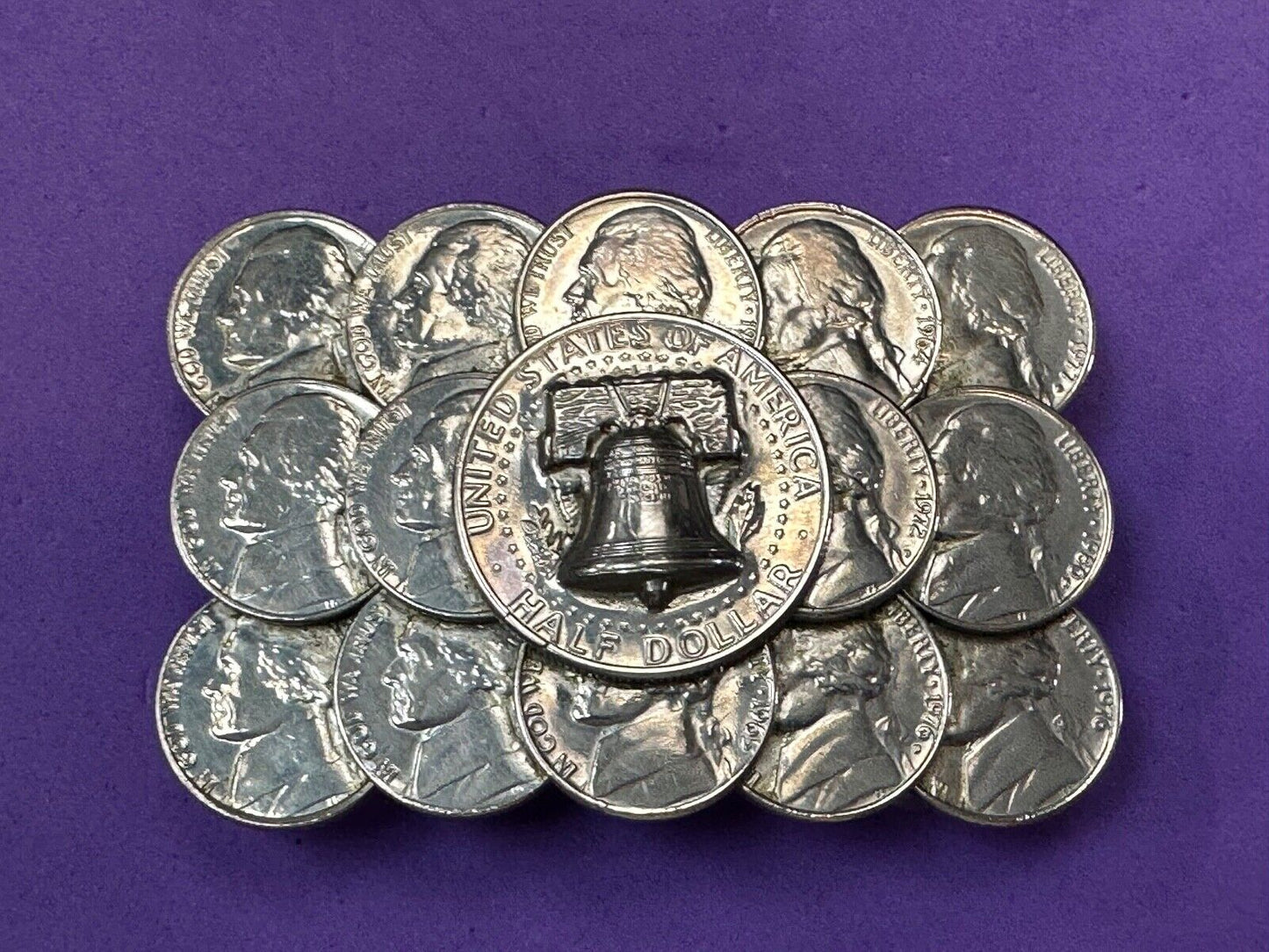Artist Made Coin Cluster Liberty bell half dollar Nickels belt buckle