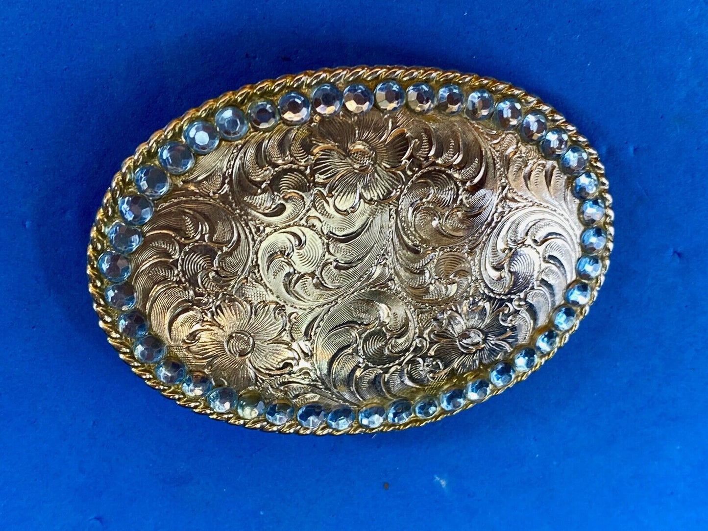 Beautiful Etched Western Swirl Belt Buckle Taiwan Roc With Blue Rhinestones