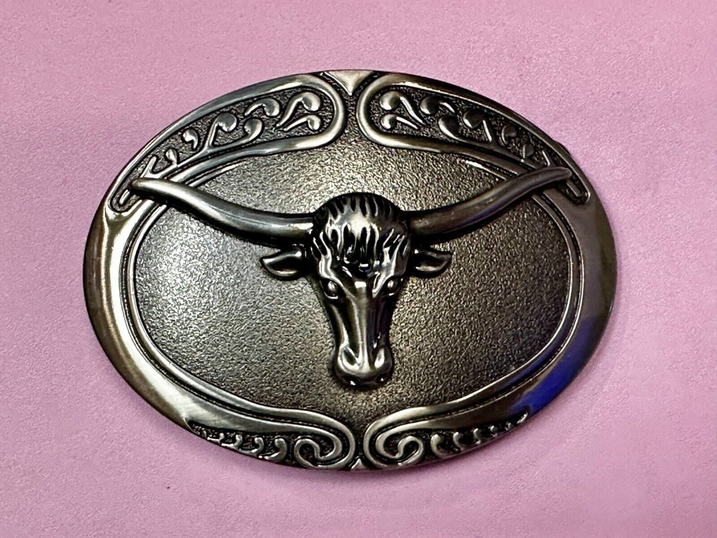 Texas Longhorn Steer Rodeo Bull Vintage Silver Tone Western Oval Belt Buckle