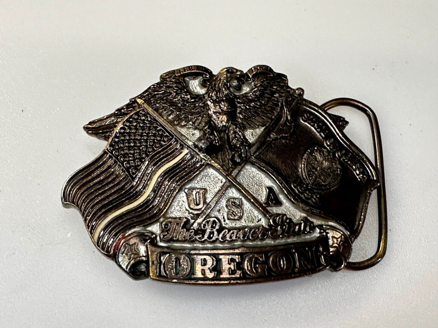 The Beaver State OREGON American Flag Eagle Seal 1987 Commemorative Belt Buckle