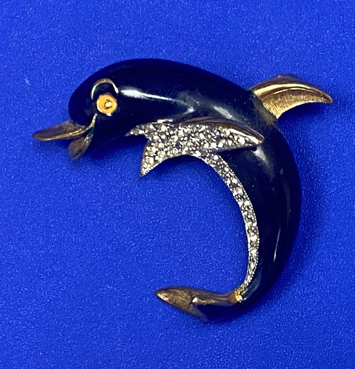 Black Curved Dolphin Enameled with Rhinestone Accents Vintage Brooch Pin