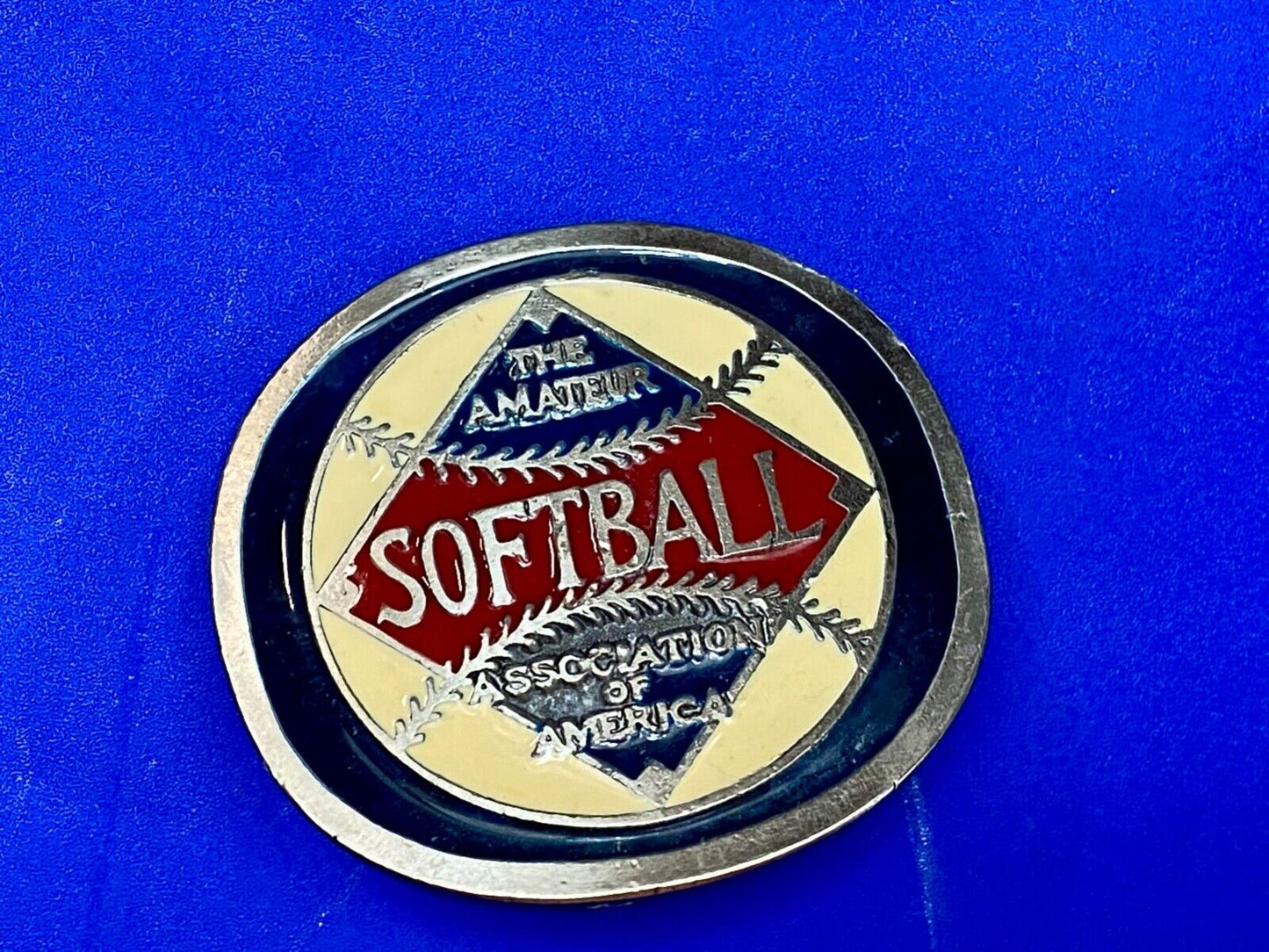 The Amateur Softball Association of America metal round badge -Johnston Badge Co