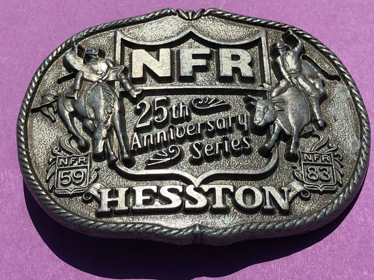1983 25th Anniversary Series Hesston National Finals Rodeo Belt Buckle 3.5x3"