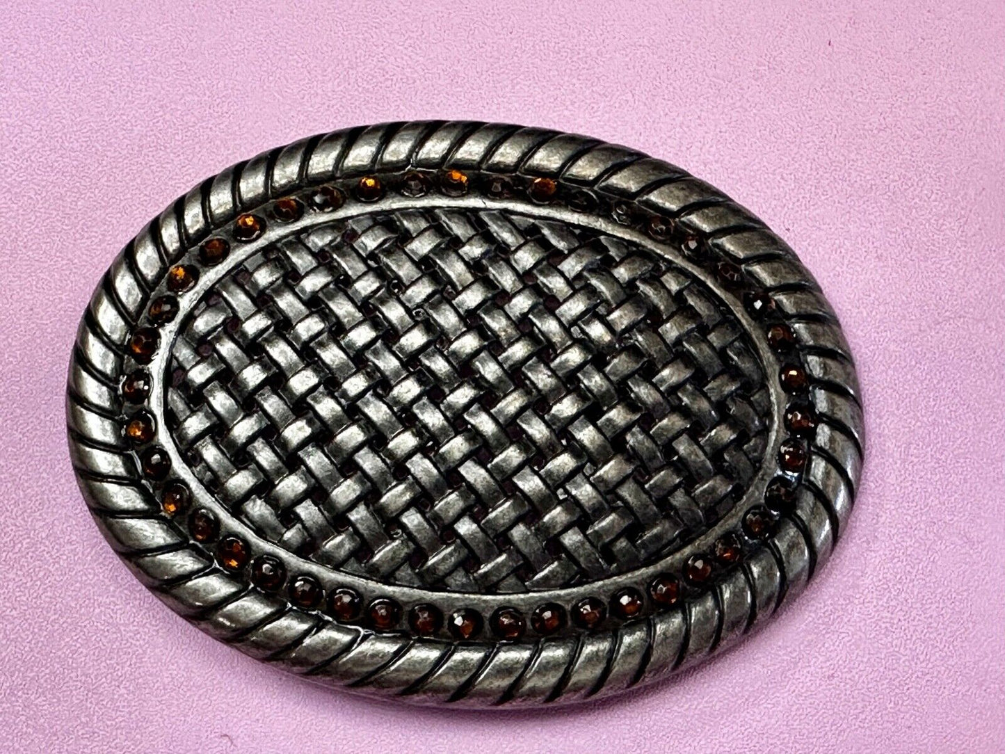 Basket Weave Design Rhinestone Border Vintage Metal Oval Belt Buckle
