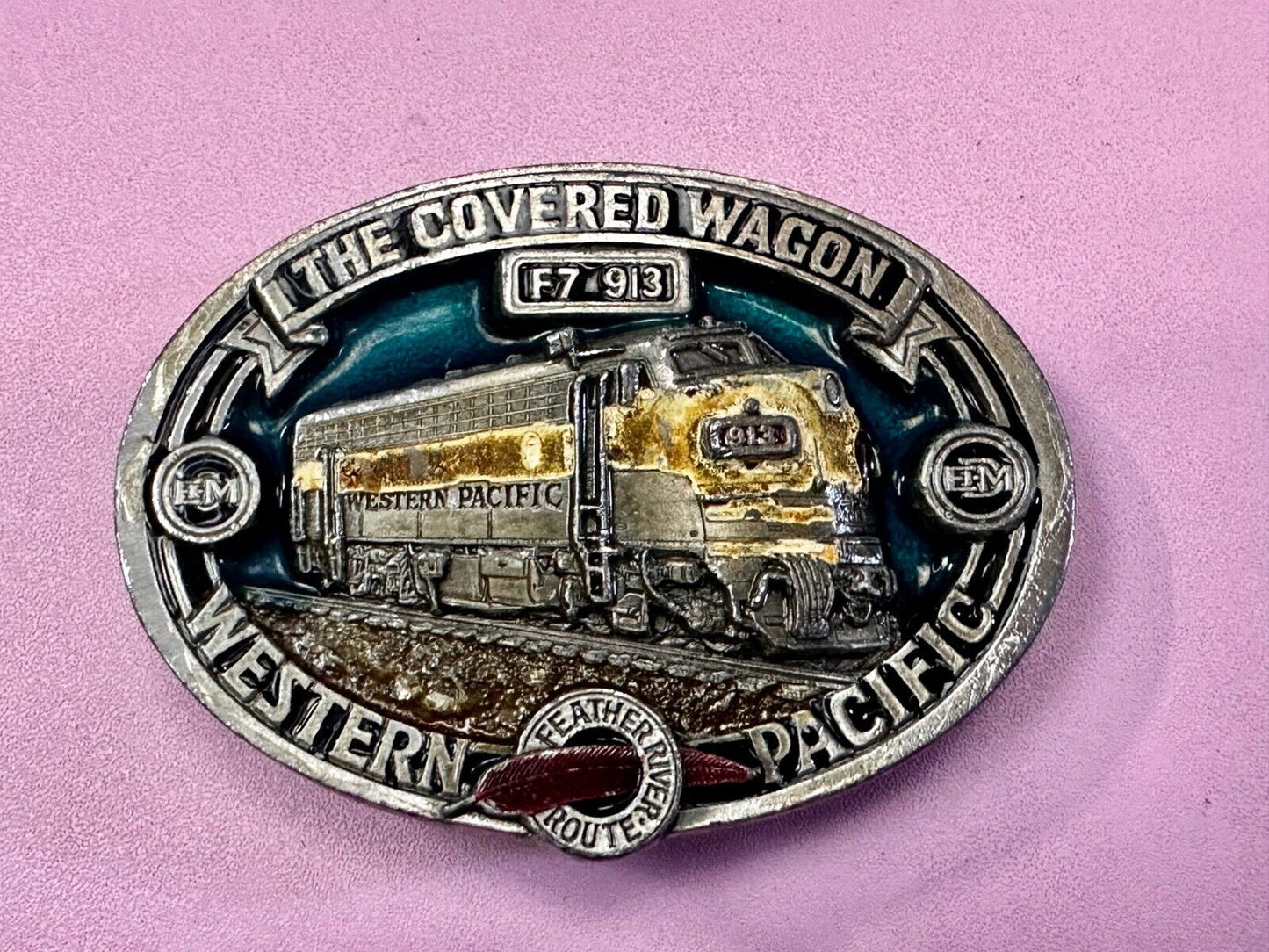 The Covered Wagon Western Pacific Train RR F7 913 EMD VTG 1986 Belt Buckle by CJ