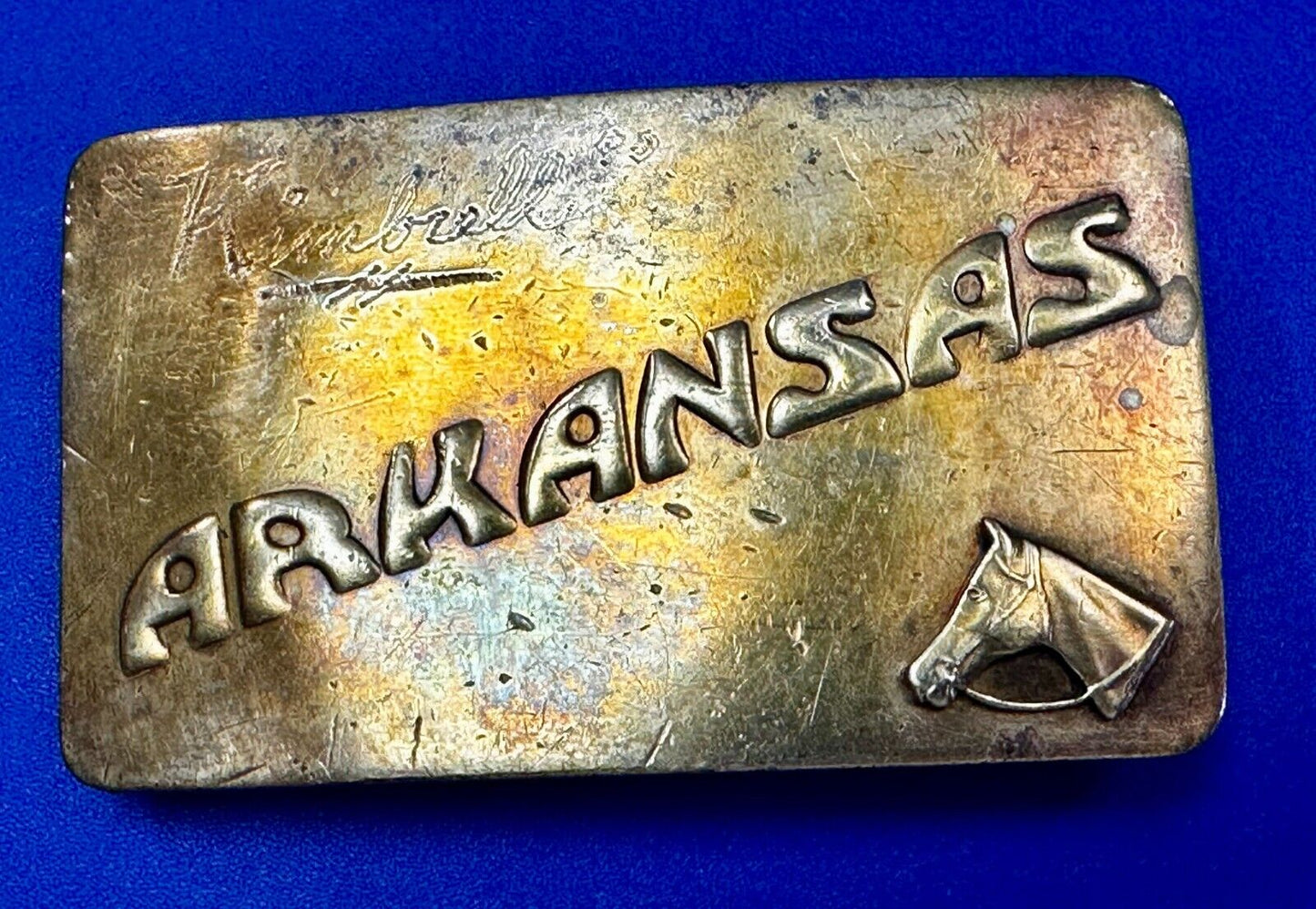 ARKANSAS State Horse Head BrassTone Commemorative Vintage Belt Buckle