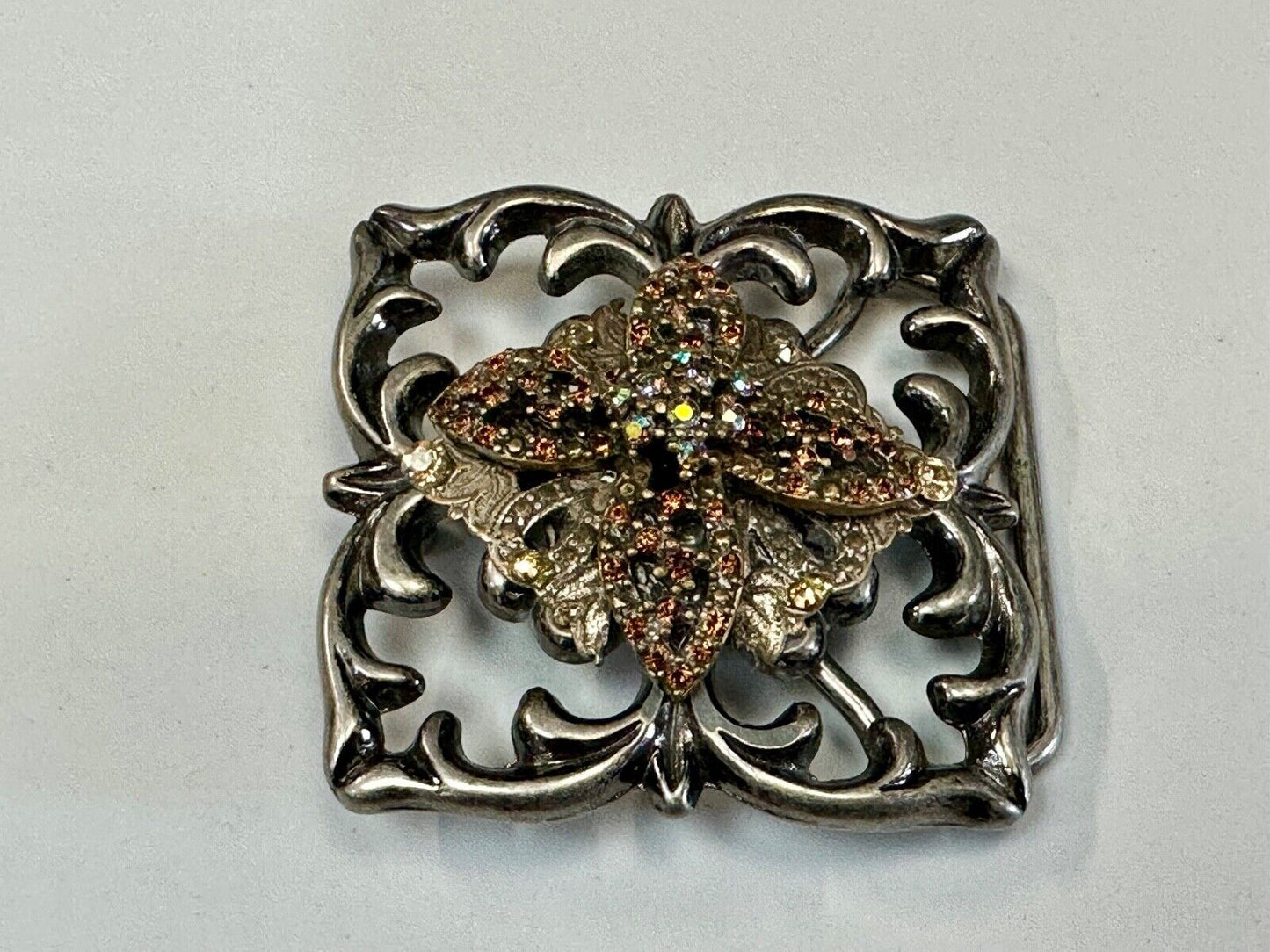 Artisan unique rhinestone mixed media see through silver tone belt buckle