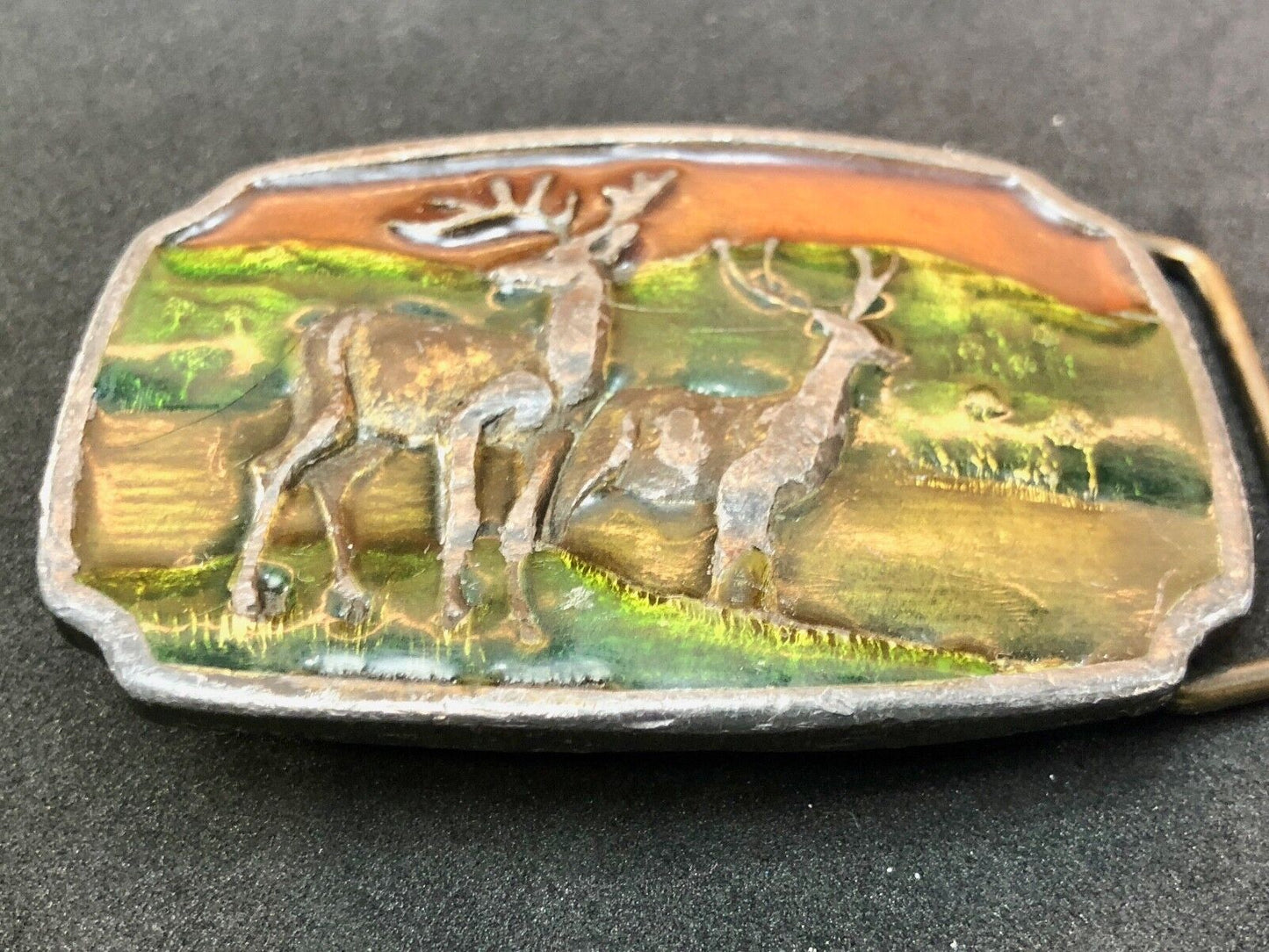 Vintage A16 Belt Buckle by Koleaco, two deer in nature scene, mountains